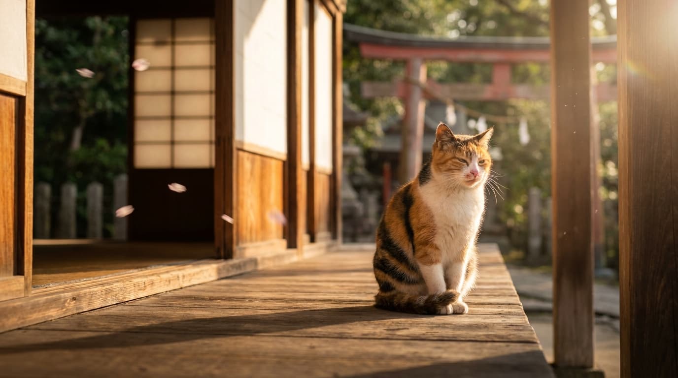 朝の縁側に座る三毛の猫神（朱鳥居と桜）
