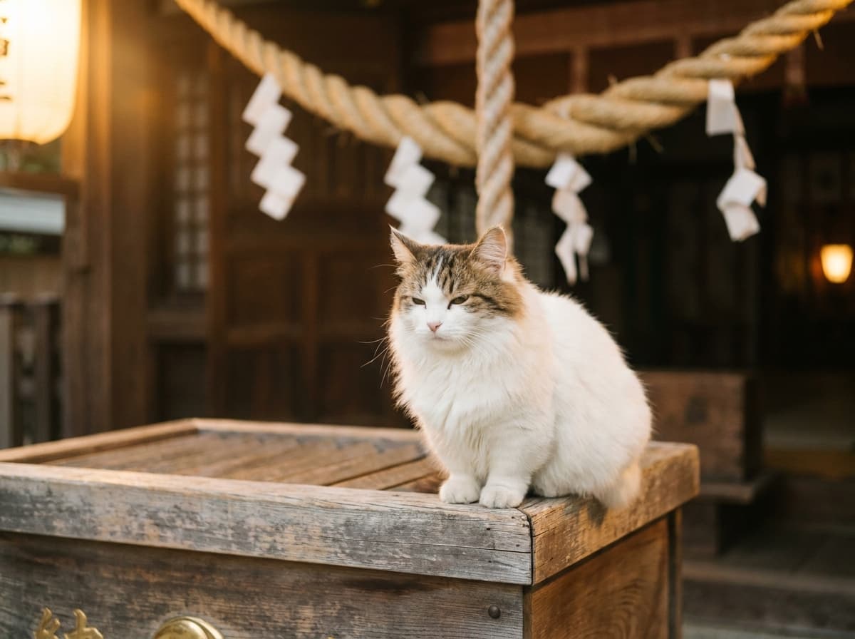 拝殿の賽銭箱で祈りに耳を傾ける猫神