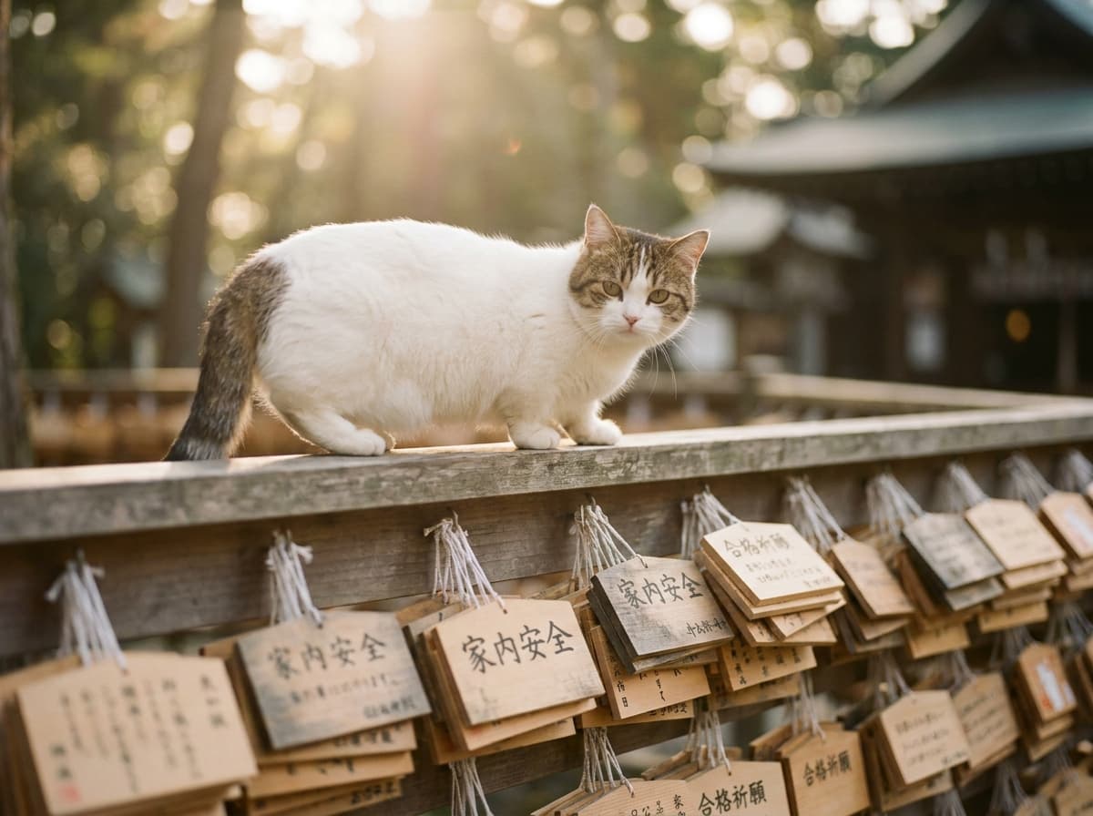 絵馬の並ぶ奉納所を歩く猫神