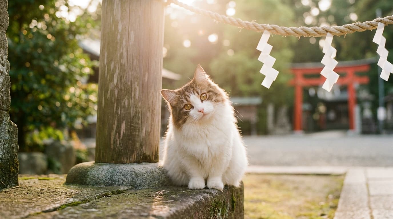 鳥居の石段で招き迎える長毛マンチカンの猫神（ハチワレ）
