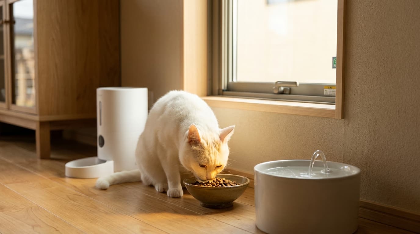 キッチンの片隅に設置された自動給餌器と自動給水器、その前で食事を始める白猫