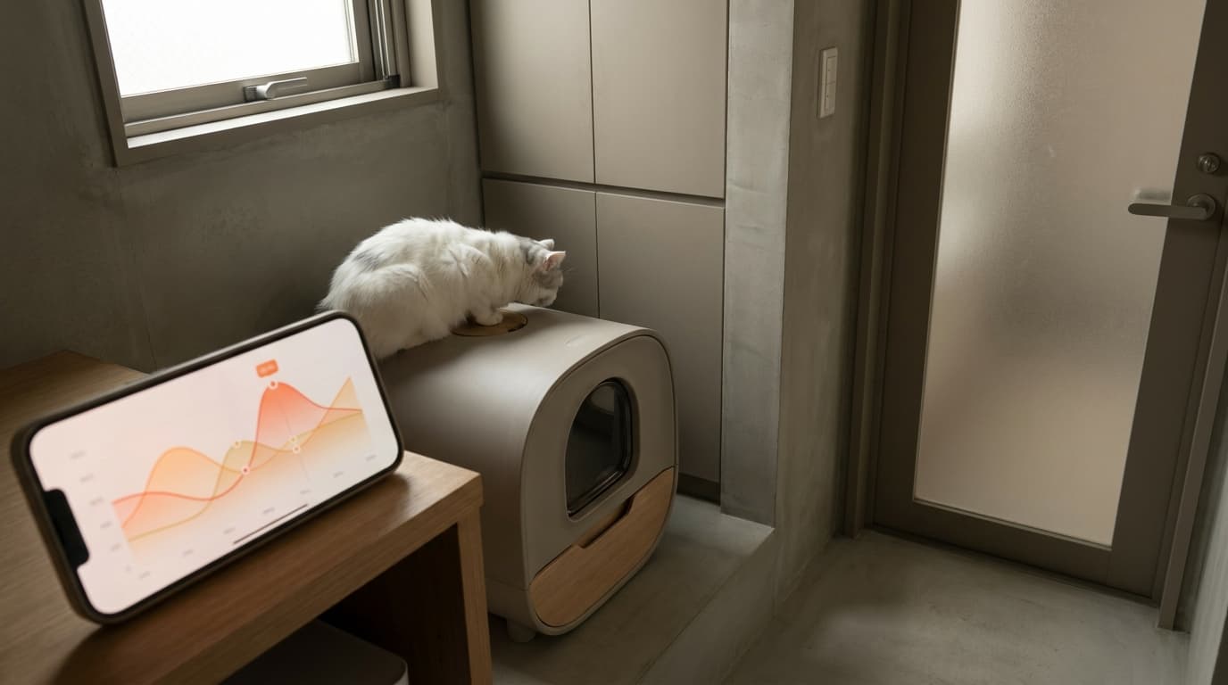 トイレ砂の入ったシステムトイレに乗る白猫、側面のアプリ画面に体重と排尿量のグラフが表示されている
