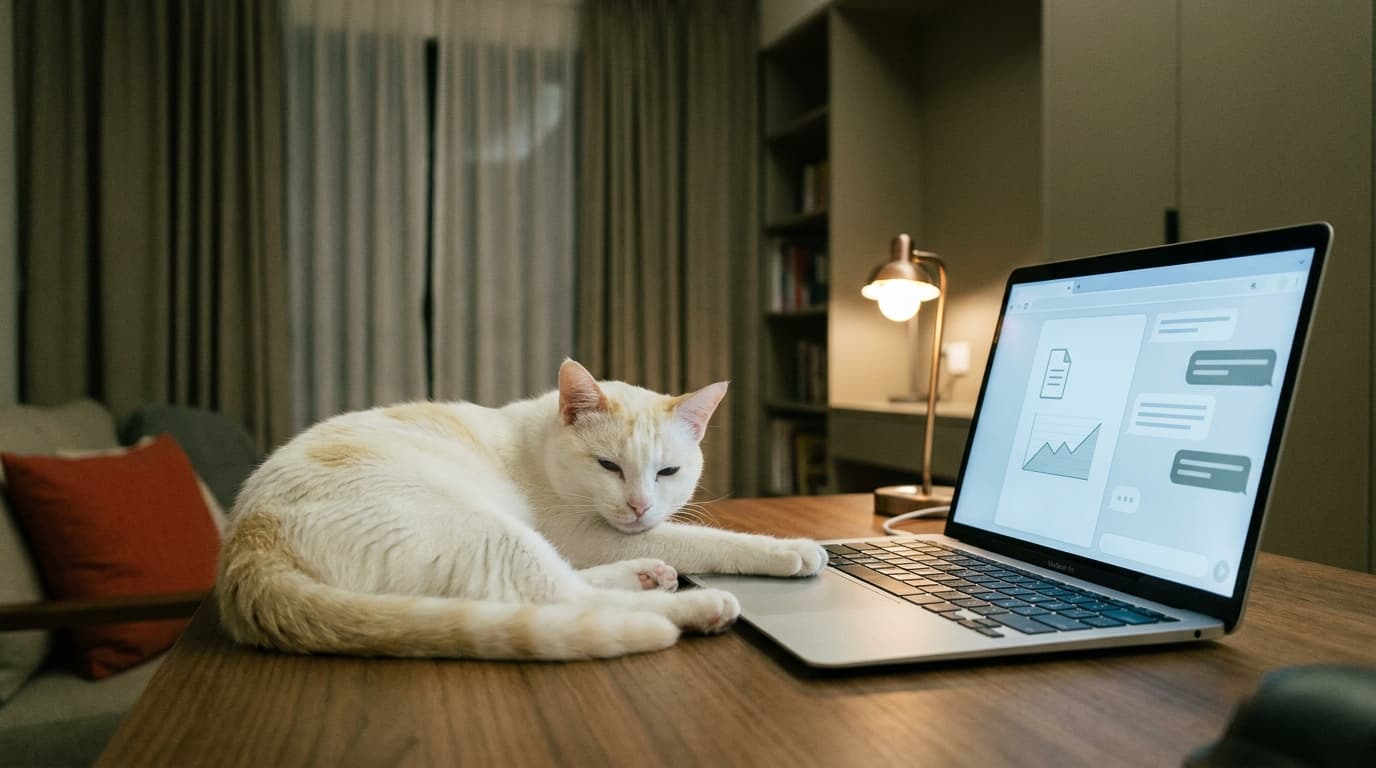 ノートPCの画面にClaudeのチャット画面が開かれ、猫の血液検査結果のPDFがアップロードされている。手前で寝そべる白猫