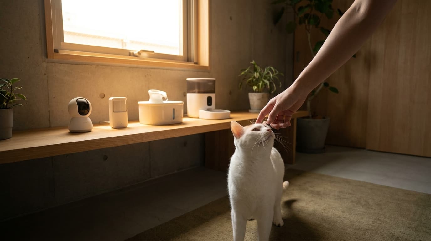 リビングの棚に並ぶペットカメラ・温湿度計・給水器と、その中心で人間の手に頭を寄せる白猫