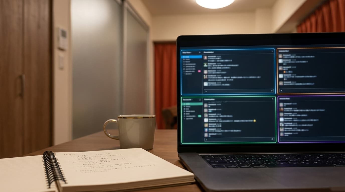 ノートPCの画面に、四つのAIチャットウィンドウが分割表示され、それぞれ異なる色のボックスに異なるプロンプトと応答が並ぶ、手前には整理された手書きメモ