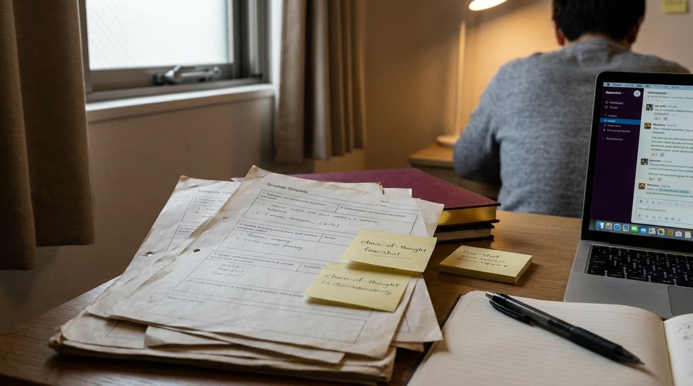 書斎のデスクに並べた複数のプロンプトテンプレート、一つには「段階的に考えてください」と書かれた付箋、別のには「3つの例を参考に」と書かれた枠、背景には集中して作業する信者の後ろ姿
