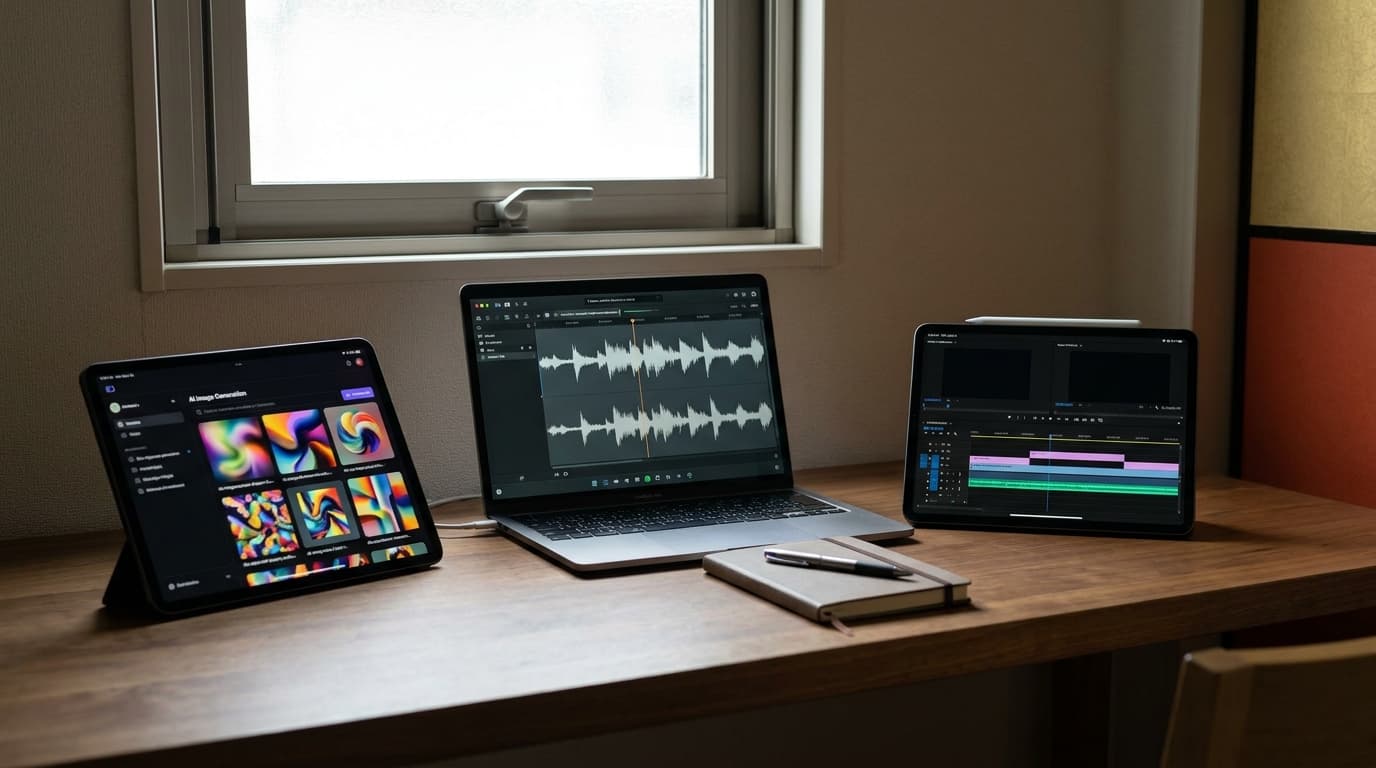 デスクに並ぶタブレットとノートPC、それぞれの画面にAI画像生成ソフト・AI音声編集ソフト・AI動画エディタが開かれ、カラフルなインターフェースが並ぶ、机の端で信者の後ろ姿がキーボードに向かう