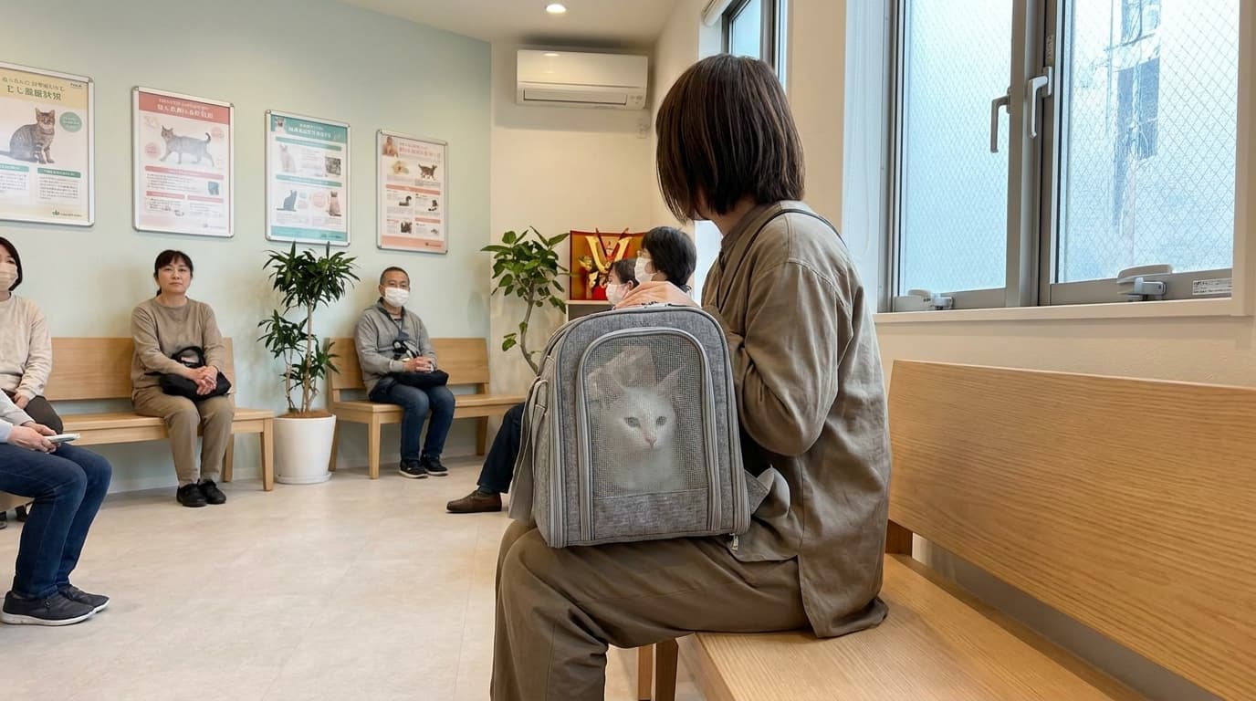 動物病院の待合室、ペットキャリーを膝に置いて静かに順番を待つ信者の後ろ姿