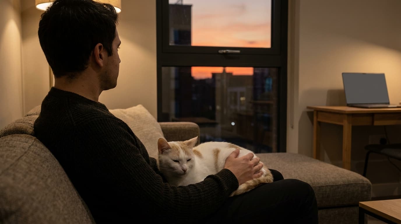 夕刻、リビングのソファに座る信者の膝の上で、ゴロゴロ喉を鳴らす白猫。背景に閉じた窓からの柔らかな残光