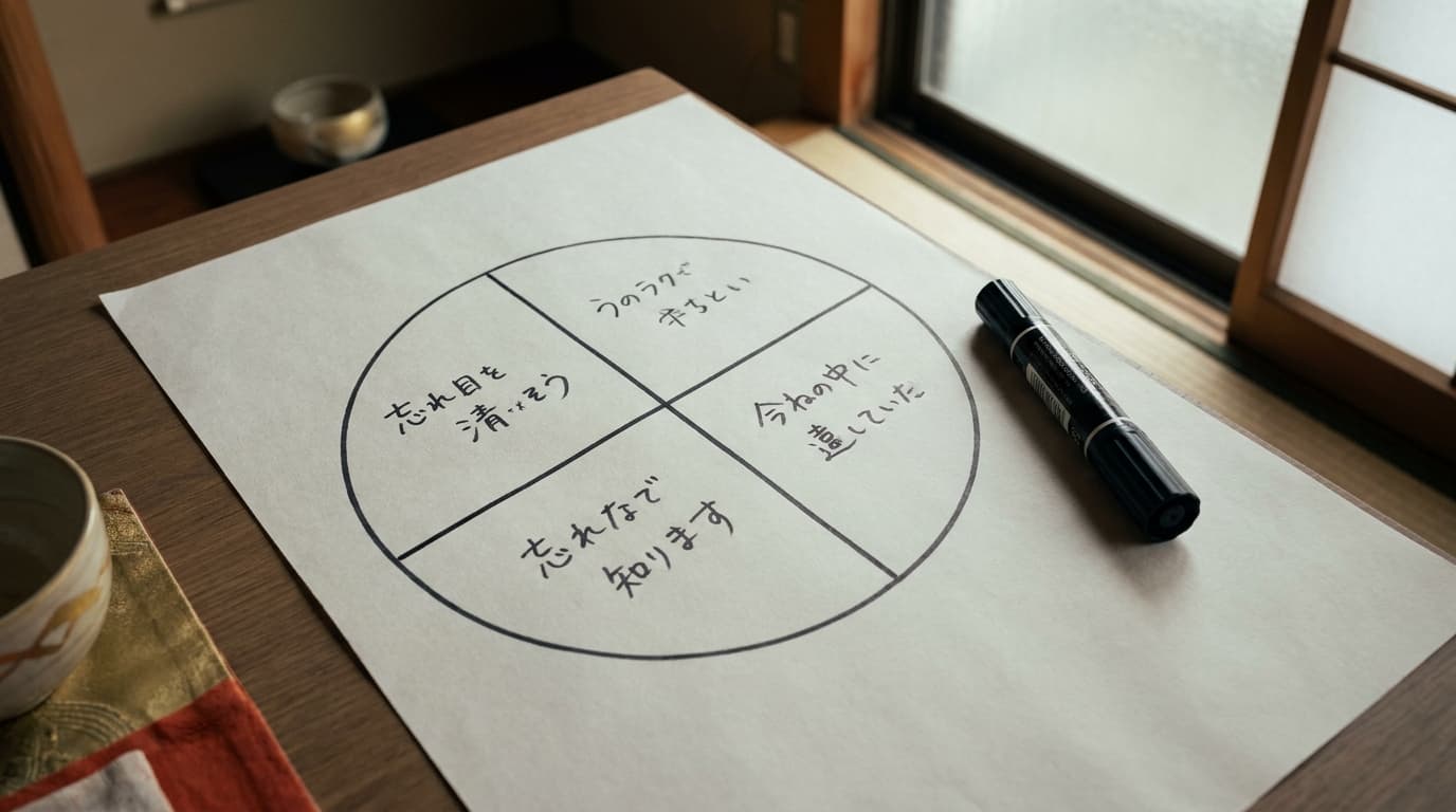 ホワイトボードに描かれた大きな円が四つのセクターに分割され、各セクターに分類項目が書き込まれている、重なりや空白のない整然とした図