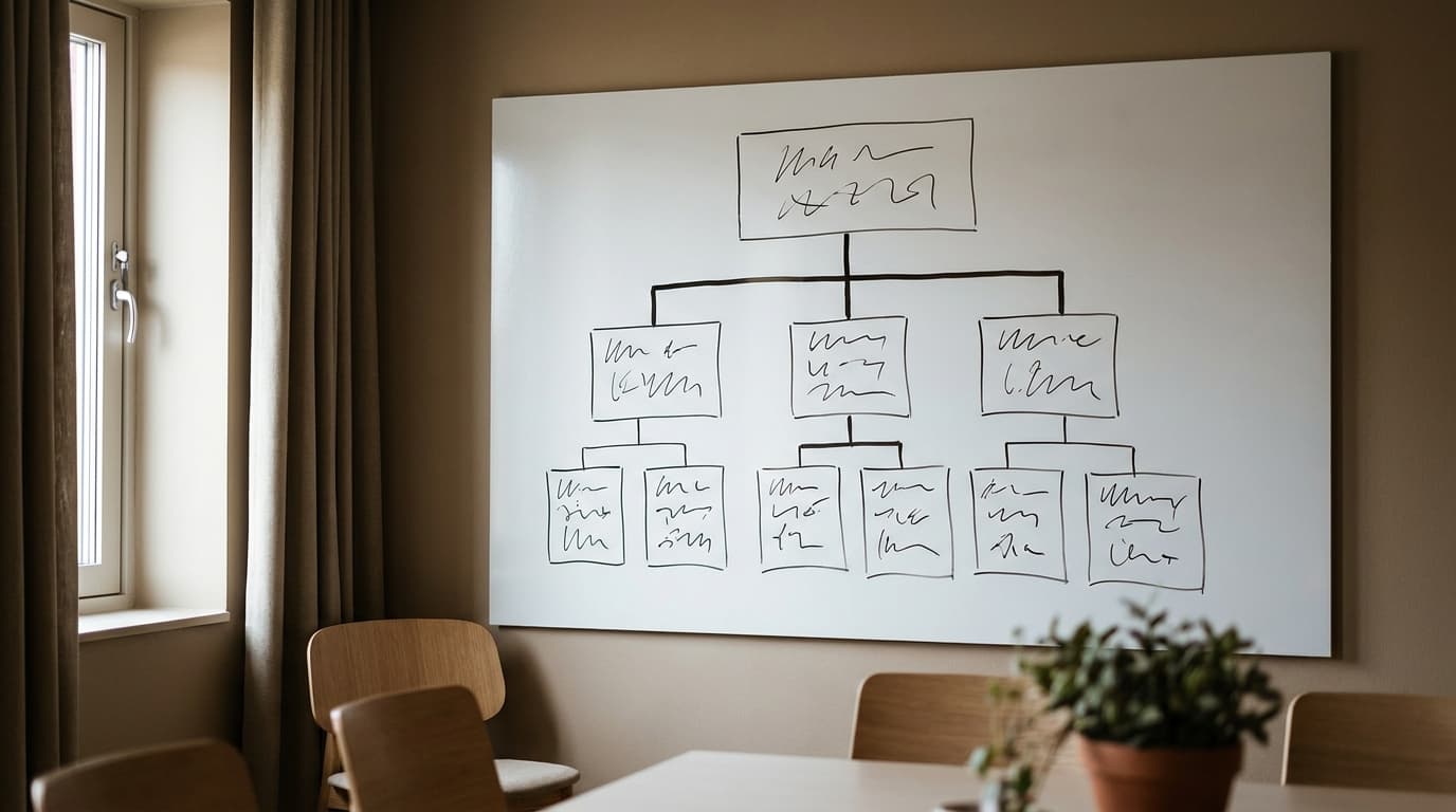 ホワイトボード全面に描かれたピラミッド構造の図：最上段に大きな結論ボックス、二段目に三つの根拠ボックス、三段目に複数の事実ボックスが整然と並ぶ