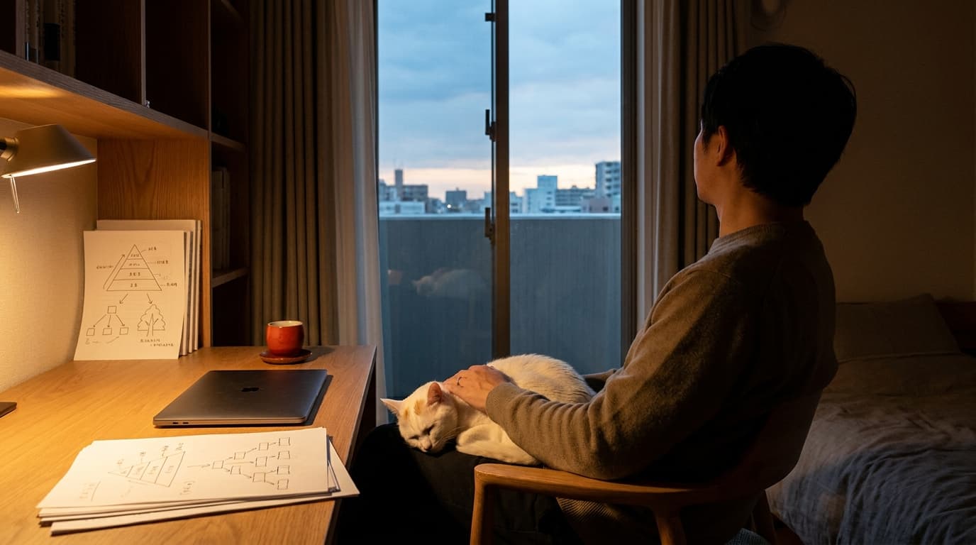夕方のデスク周り、閉じたノートPCの横に整然と重ねられた手書きのピラミッド図とロジックツリー、膝の上にゴロゴロと喉を鳴らす白猫を抱える信者の手元