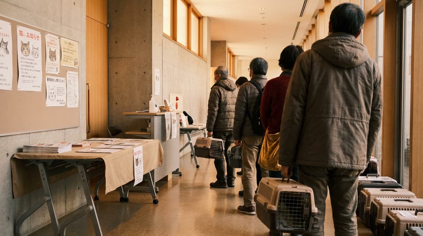 日曜朝の区民会館、譲渡会の受付に並ぶ人々