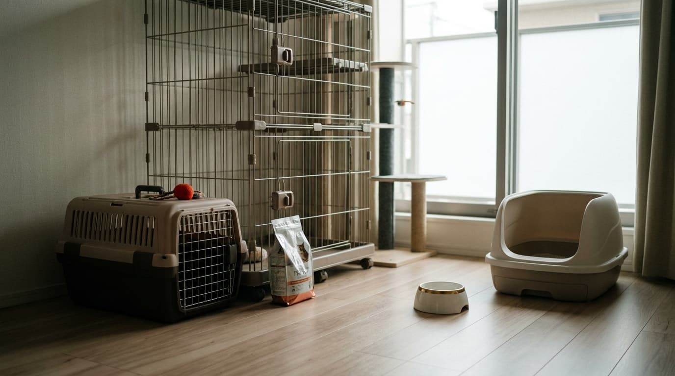 キャットケージ、キャリー、トイレ、フードが並べられた迎え入れ前の部屋