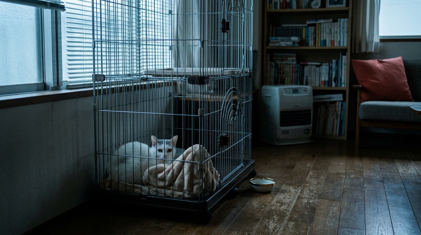 トライアル初日、ケージの奥で静かに身を潜める白猫
