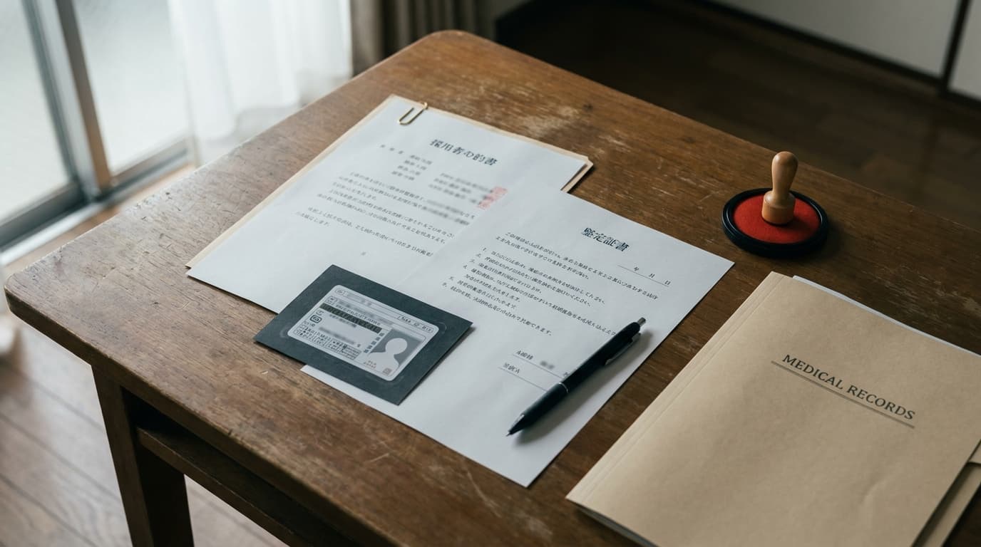 譲渡契約書、誓約書、身分証のコピーが机の上に整えられている