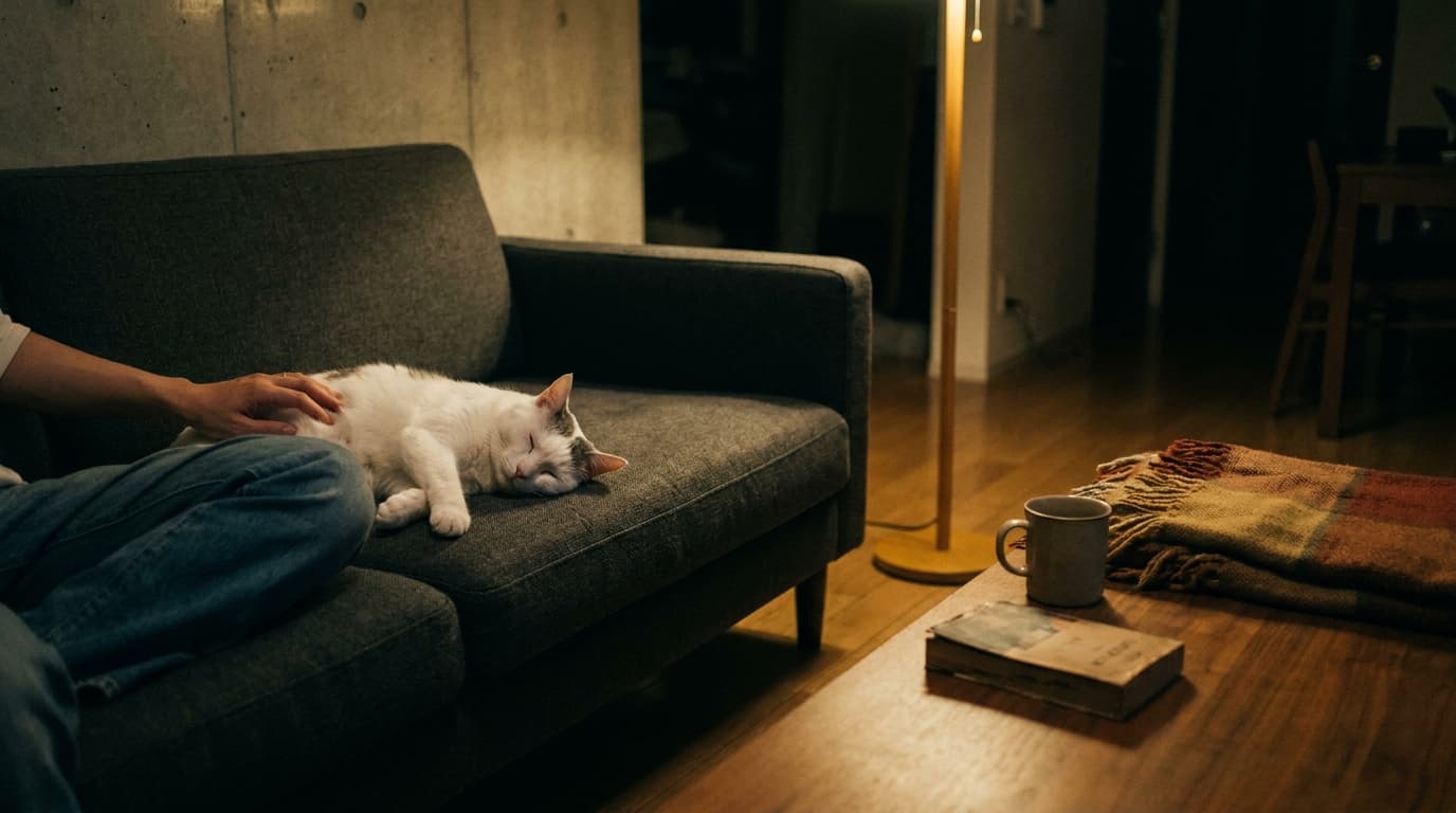 七日目の夜、薄暗い部屋で自分の意思で近くに寝転ぶ白猫