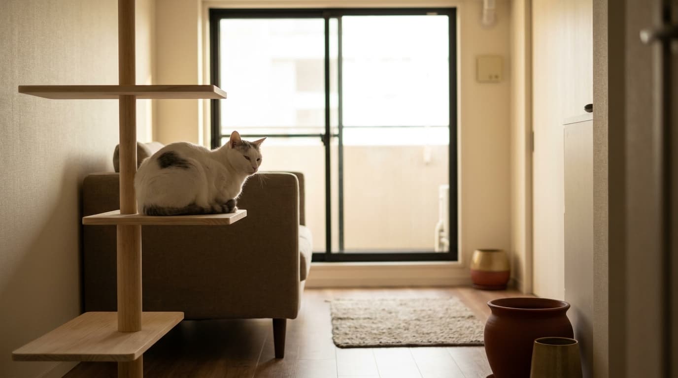 閉じた窓から差す朝光の下、室内の猫タワー最上段で静かに座る白猫