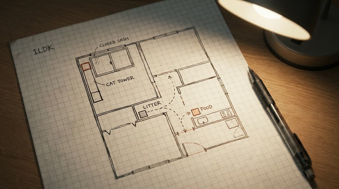 方眼紙に手書きされた1LDKの簡素な間取り図に、キャットタワー・トイレ・食器の配置と点線の猫動線が描かれている