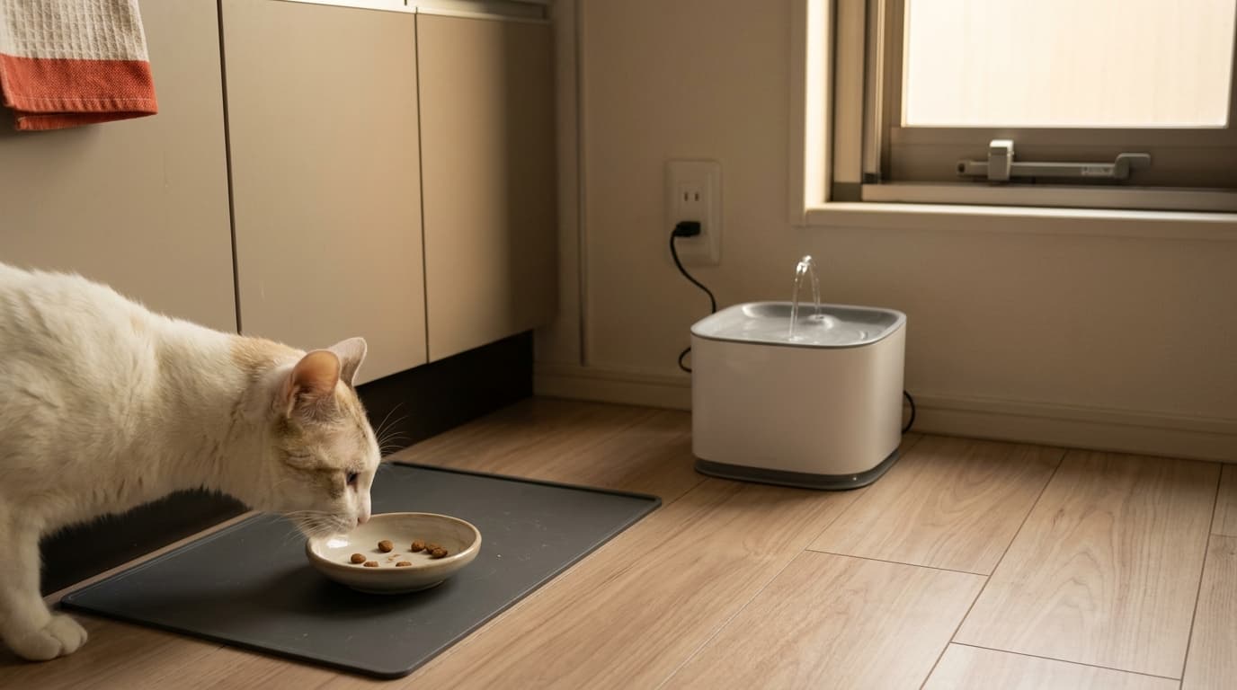キッチン側の床に置かれた陶器のフードボウルと、少し離れた位置に設置された流水式の給水器、その前で食事を始める白猫