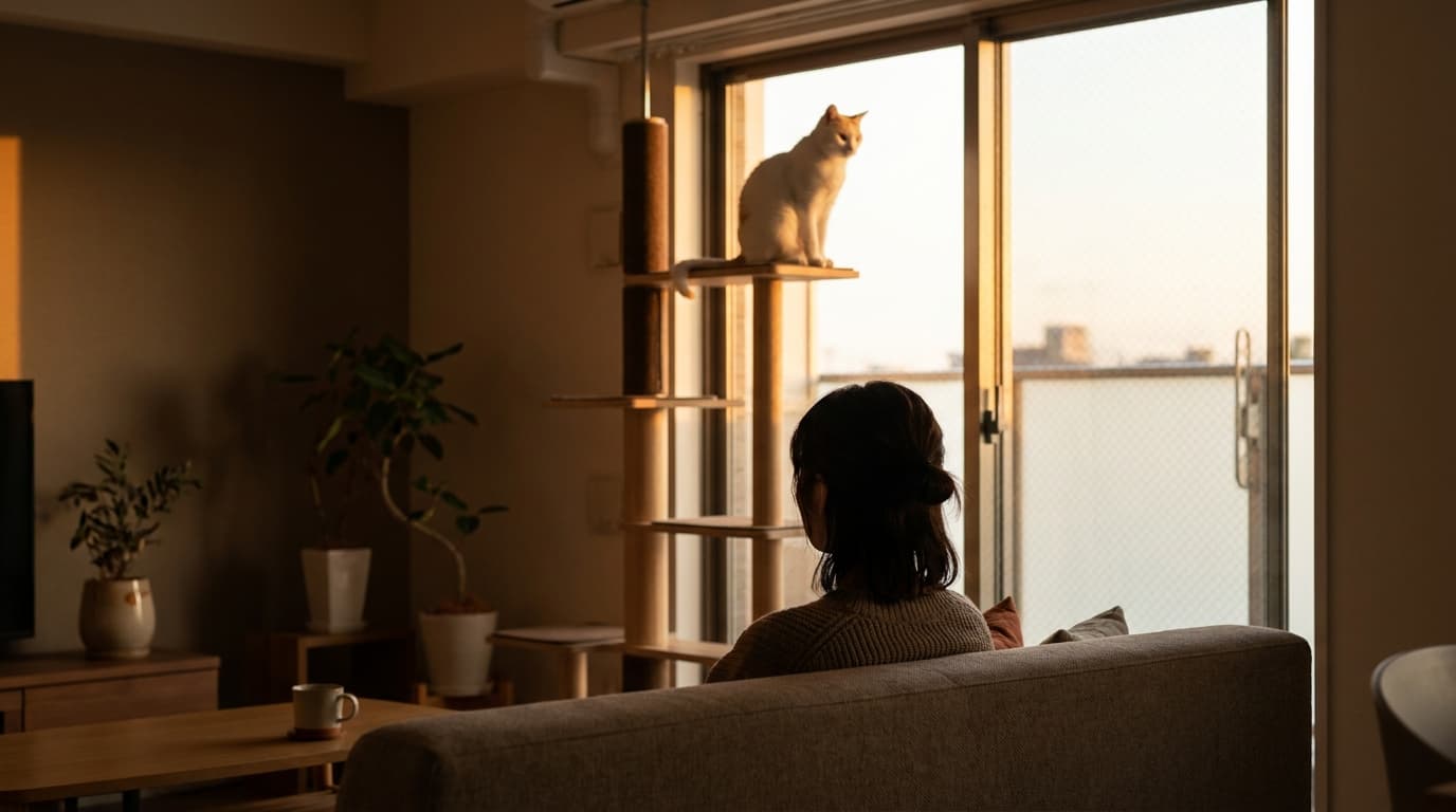 夕暮れ前のリビング、窓際のキャットタワー最上段で悠然と座る白猫、手前のソファでくつろぐ信者の後ろ姿、閉じた窓から差し込む柔らかな残光